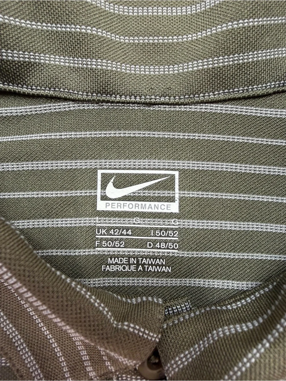 Nike Performance Men's L Green White Striped Short Sleeve Button Golf Polo